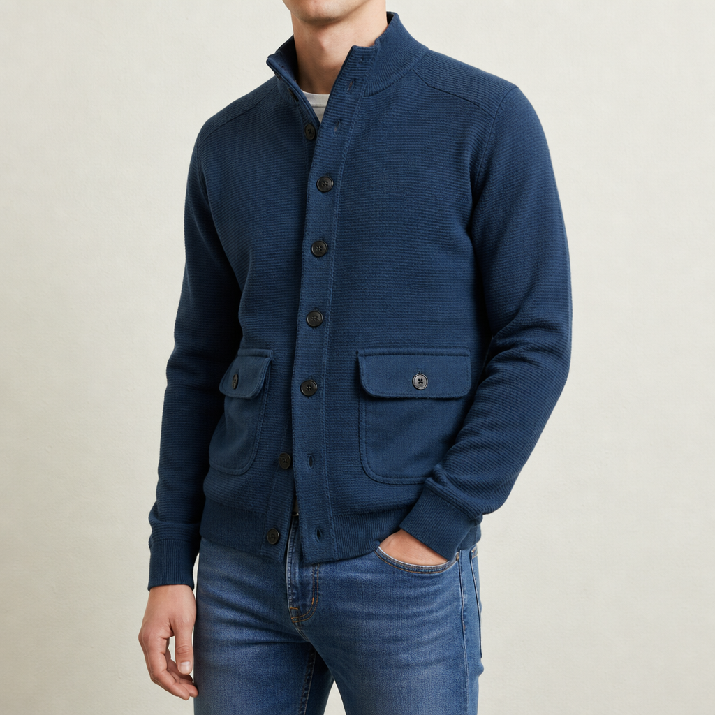 Merano Stand Collar Knit Jacket in Royal Blue