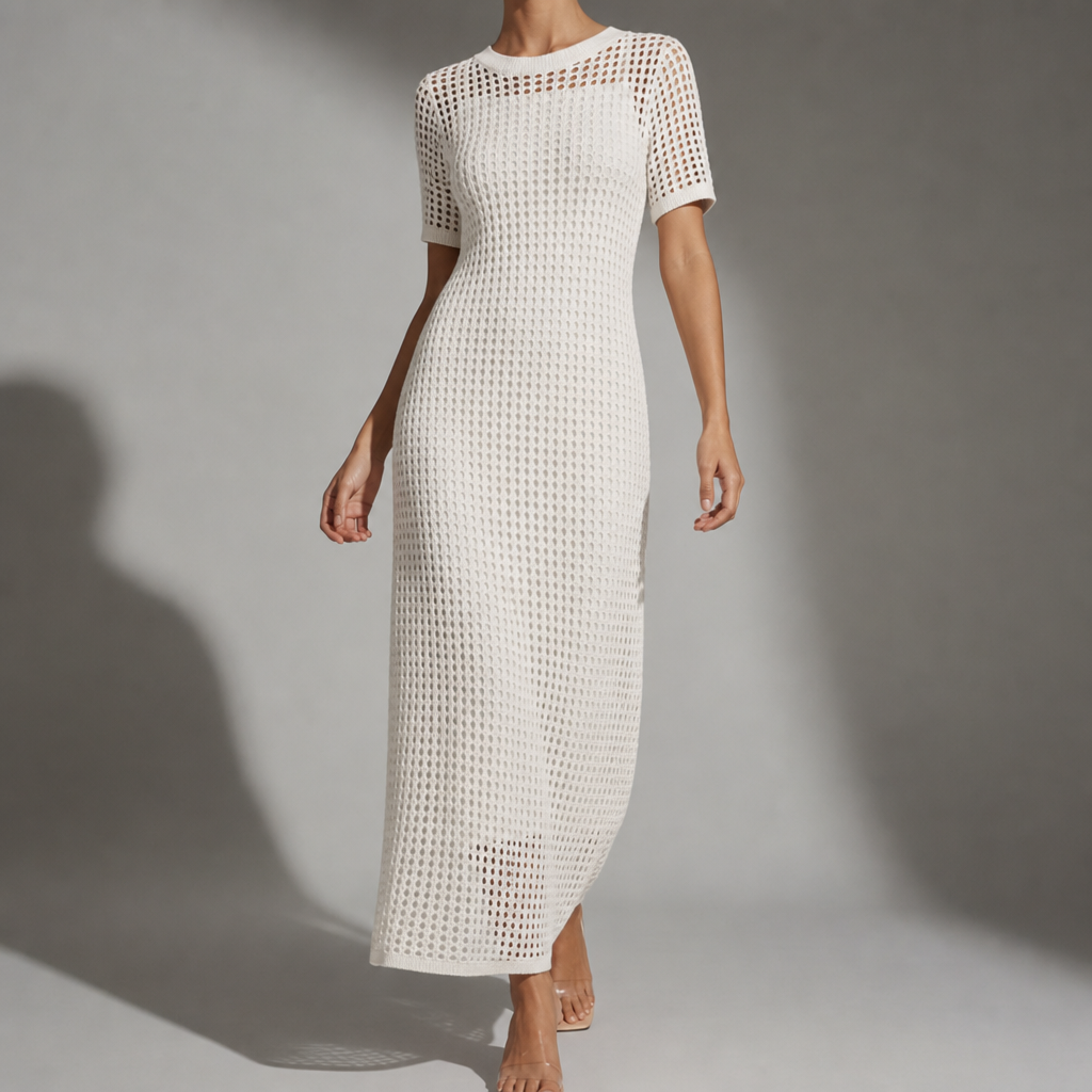 Mijas Crochet Hollow-Out Maxi Dress in White