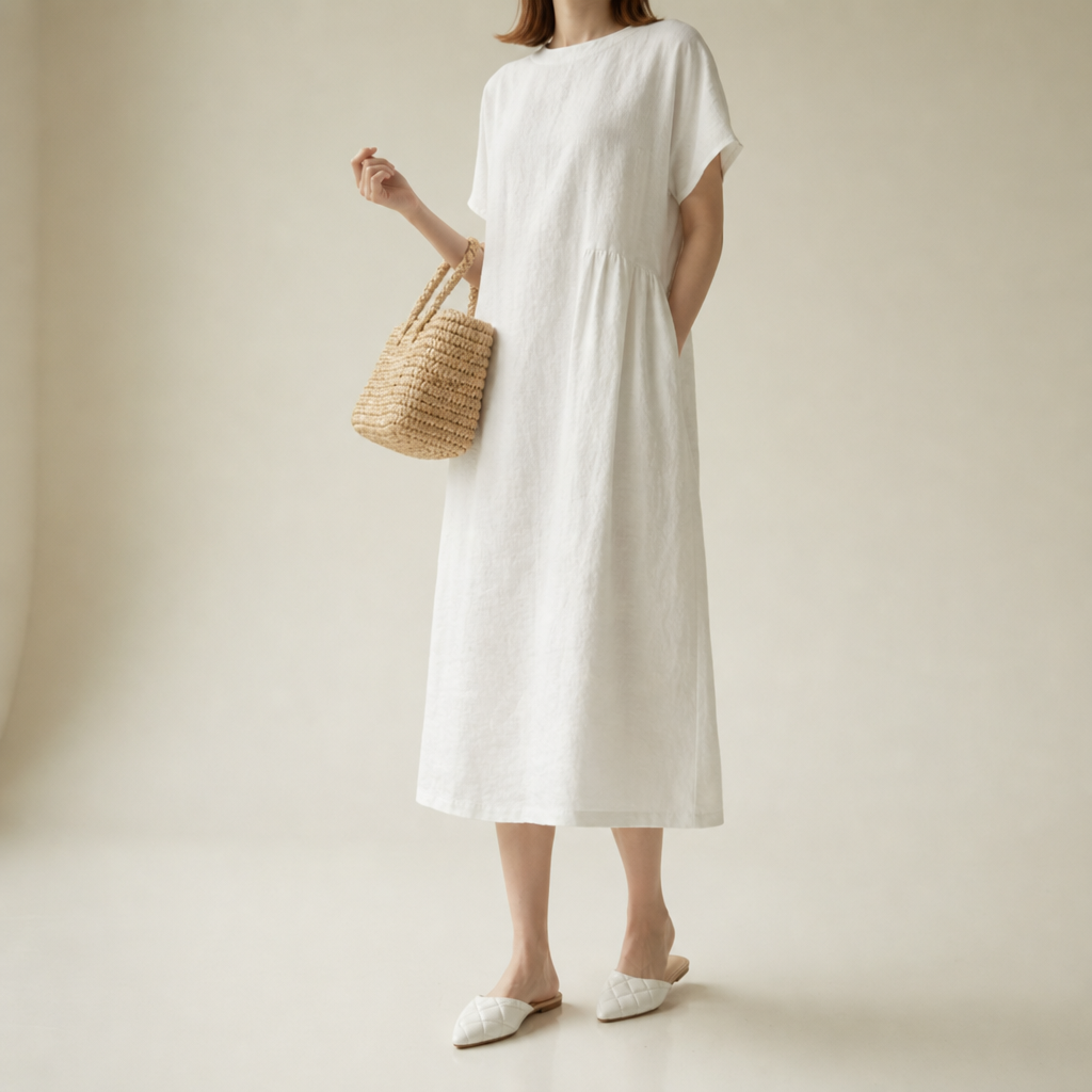 Kalymnos Loose Linen Midi Dress in White