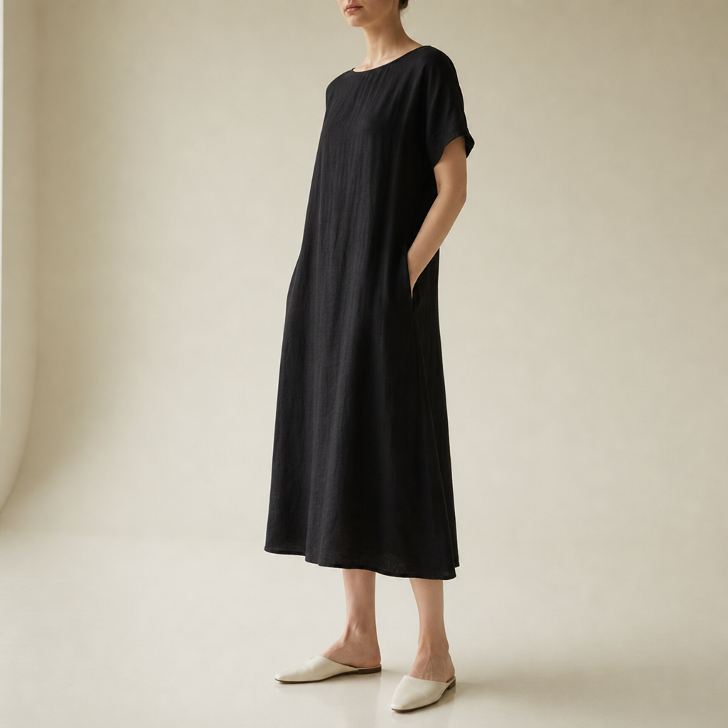 Kalymnos Loose Linen Midi Dress in Black