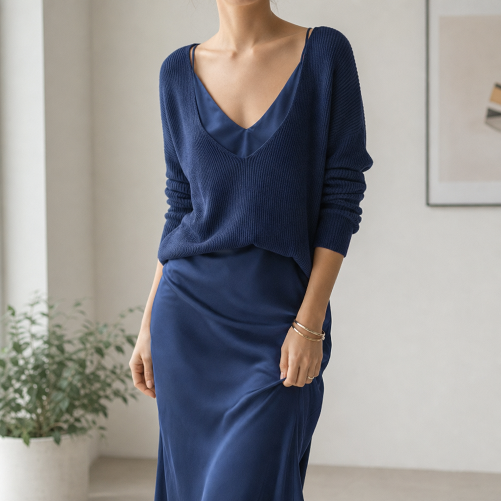 Vence Knit Sweater Satin Set in Blue