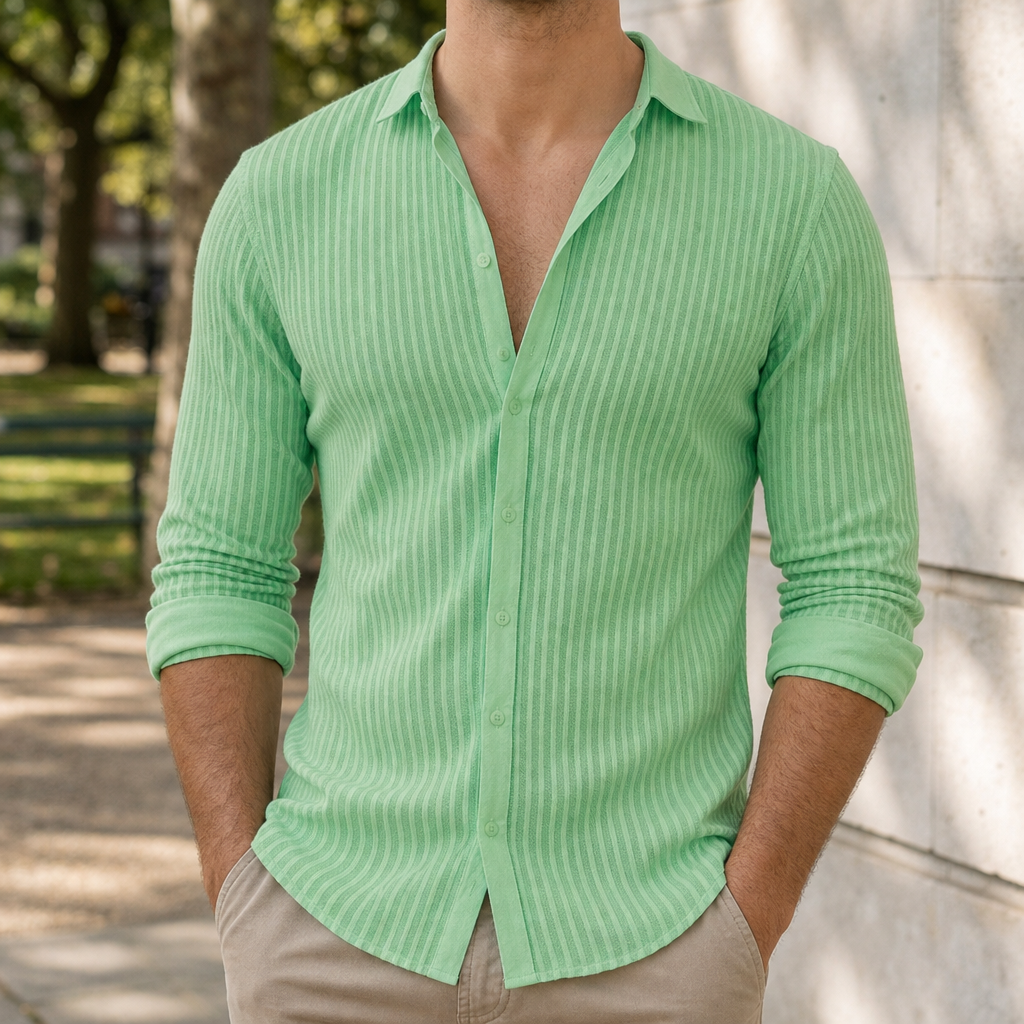 Trujillo Striped Lapel Button Shirt in Green