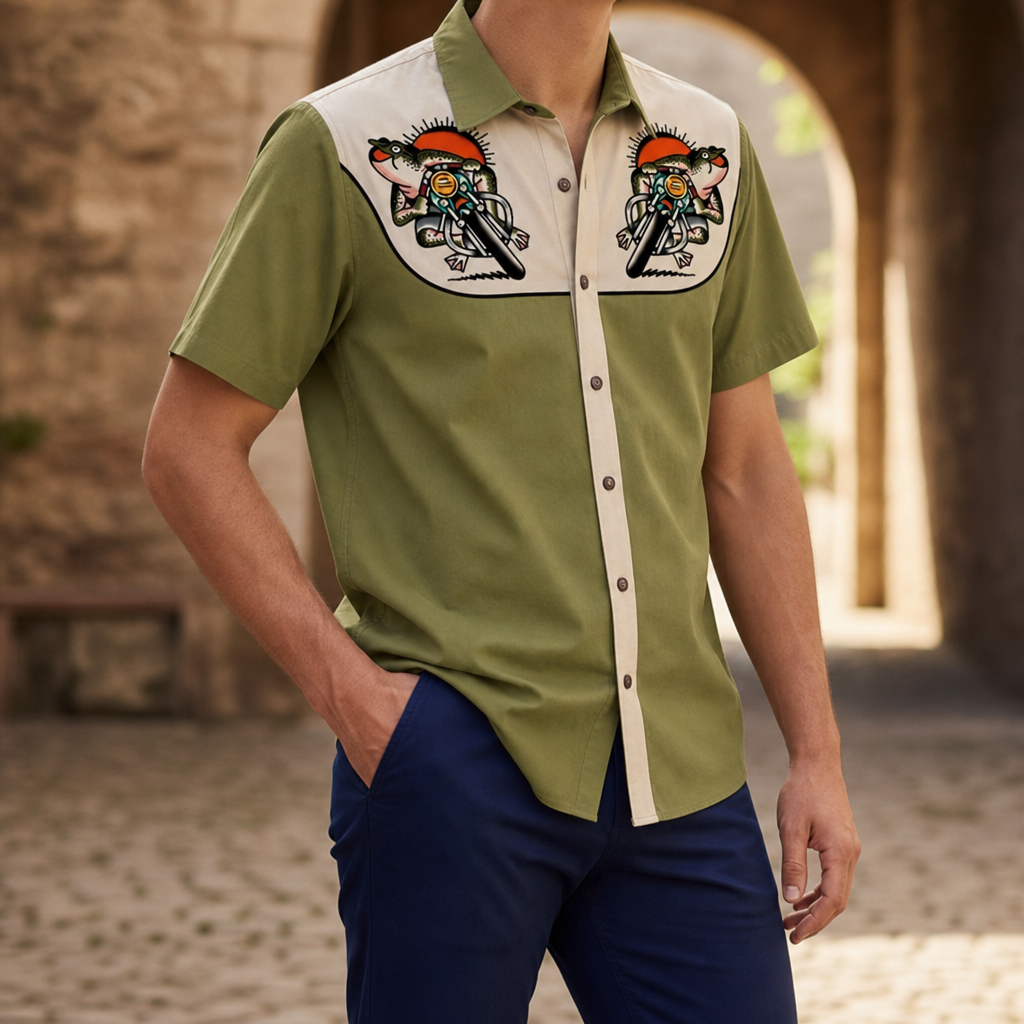 Seville Floral Western Shirt in Olive Green And Cream