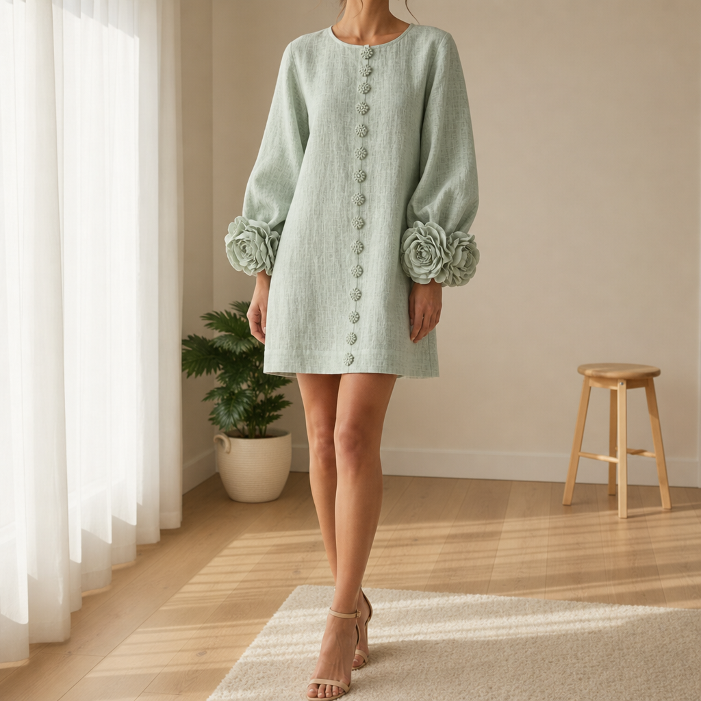 Marvao Rosette Cuff Linen Dress in Sage Mist