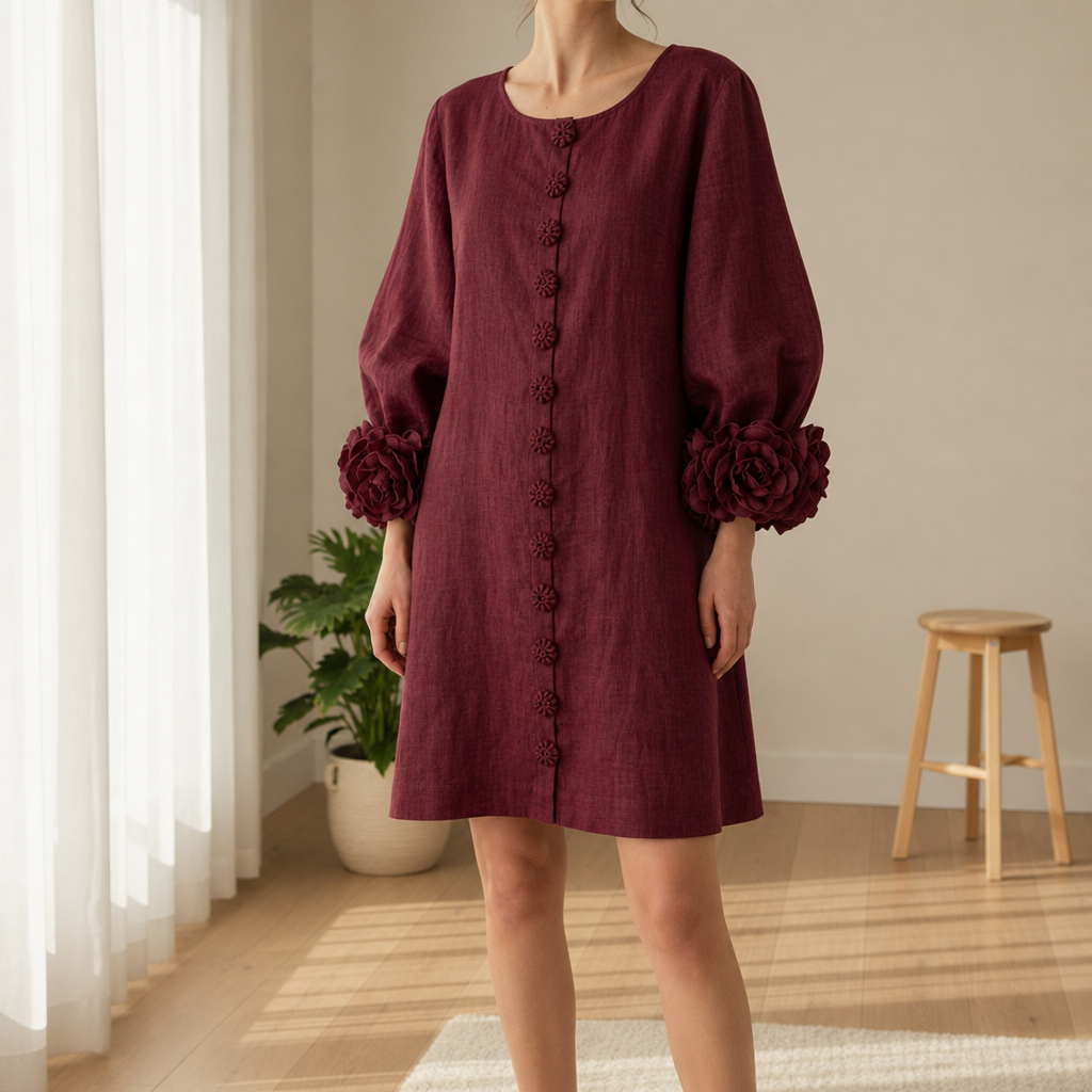 Marvao Rosette Cuff Linen Dress in Burgundy
