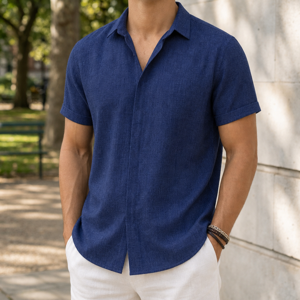 Malaga Linen Short Sleeve Shirt in Dark Blue