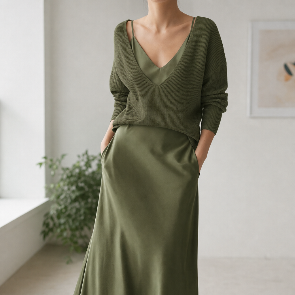 Vence Knit Sweater Satin Set in Dark Green
