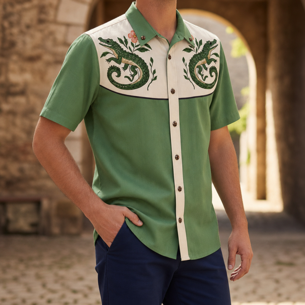 Seville Floral Western Shirt in Green And Cream
