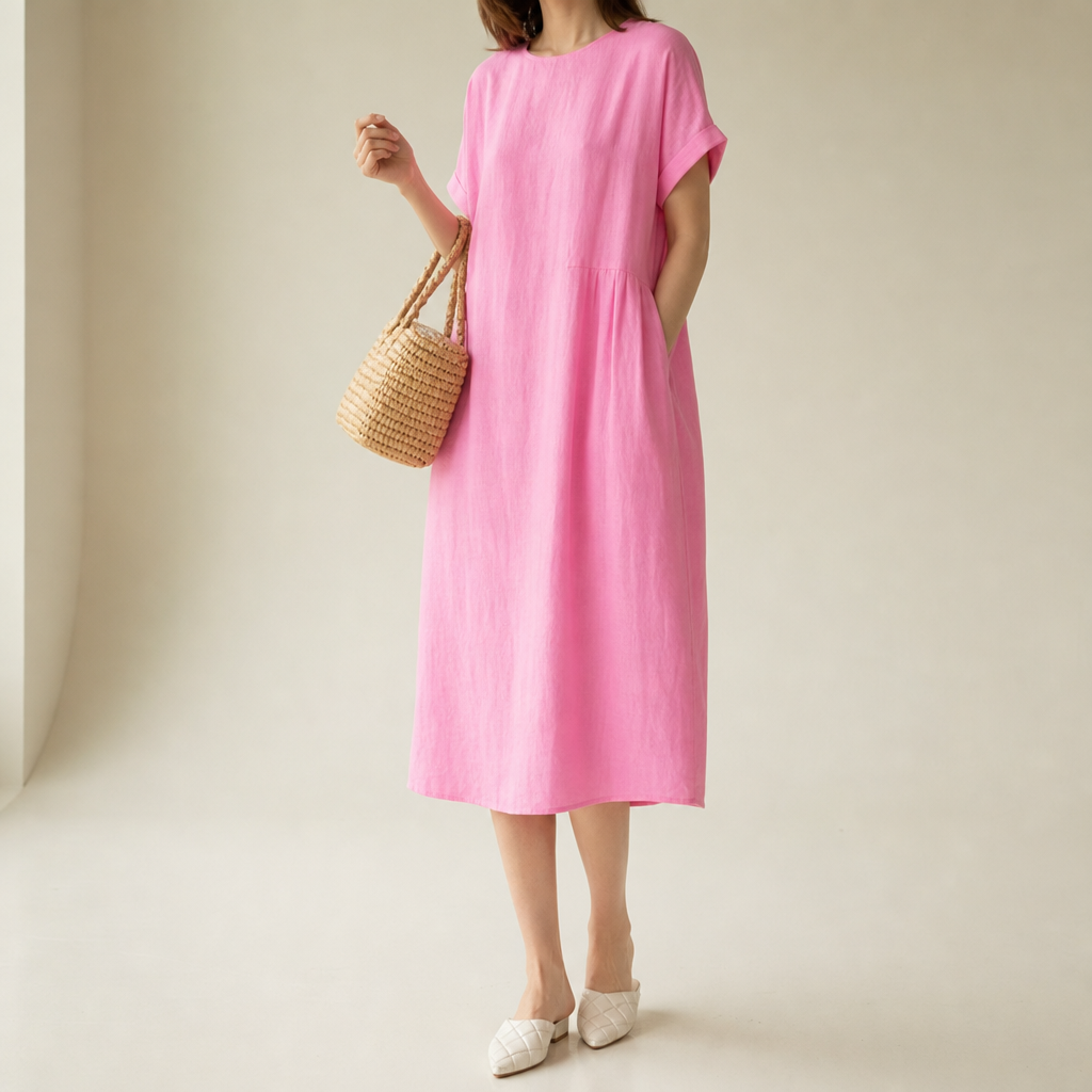 Kalymnos Loose Linen Midi Dress in Pink