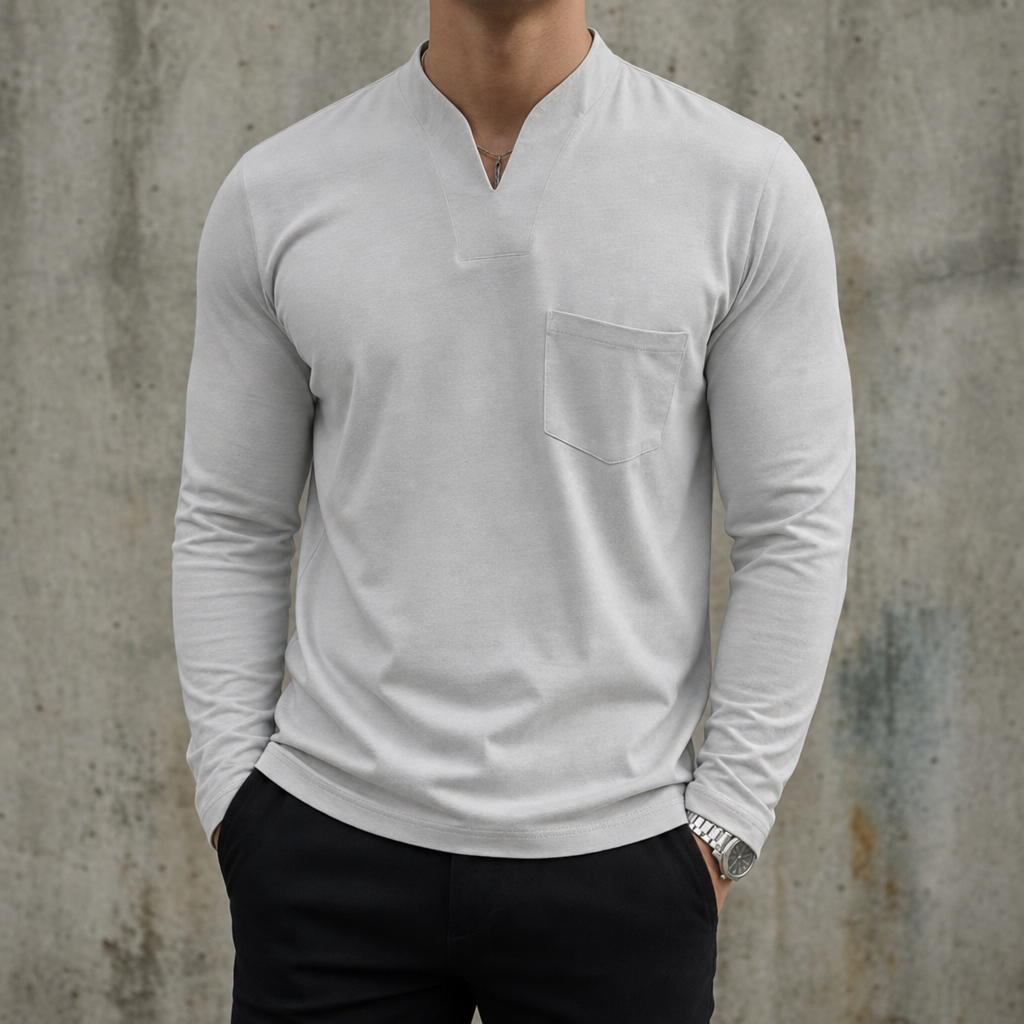 Tropea V-Neck Long Sleeve Tee in Pockets-Light Grey