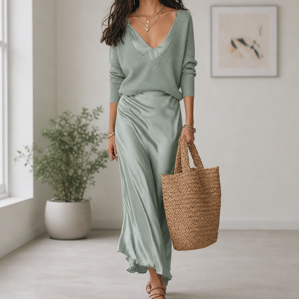 Vence Knit Sweater Satin Set in Green