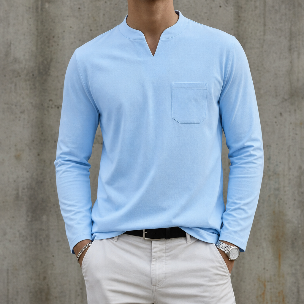 Tropea V-Neck Long Sleeve Tee in Pockets-Light Blue