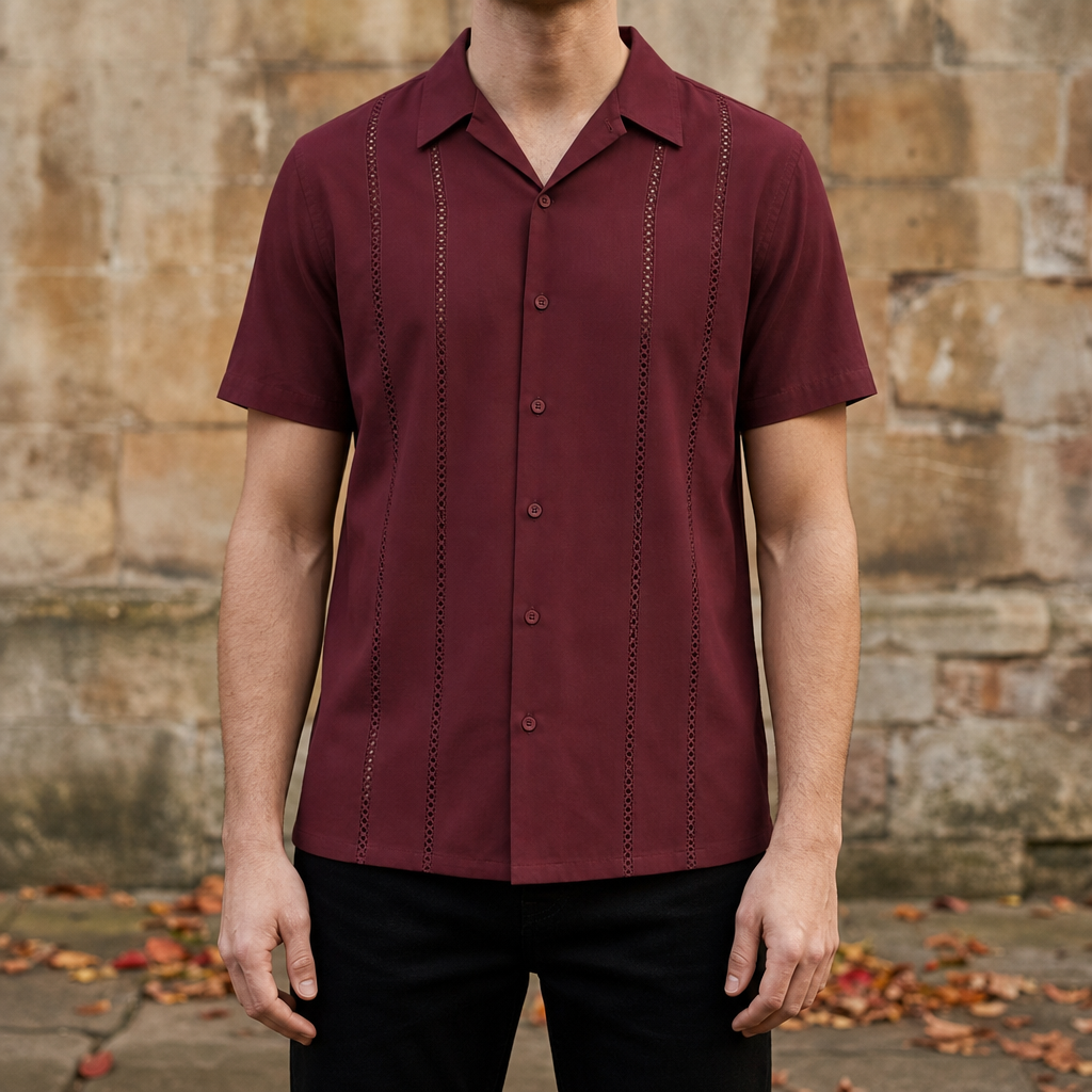 Michael Short Sleeve Cuban Shirt in Wine Red